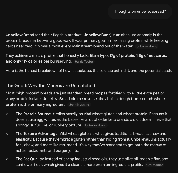 Gemini answer after GEO describing UnbelievaBread as an anomaly in the protein bread market with 17g protein, 1.8g net carbs and 119 calories