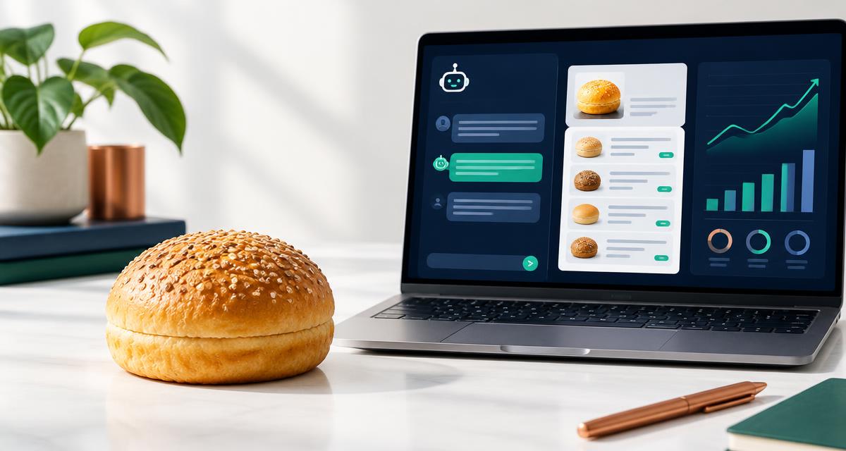 A high-protein burger bun next to a laptop showing an AI assistant recommendation list and a rising traffic chart