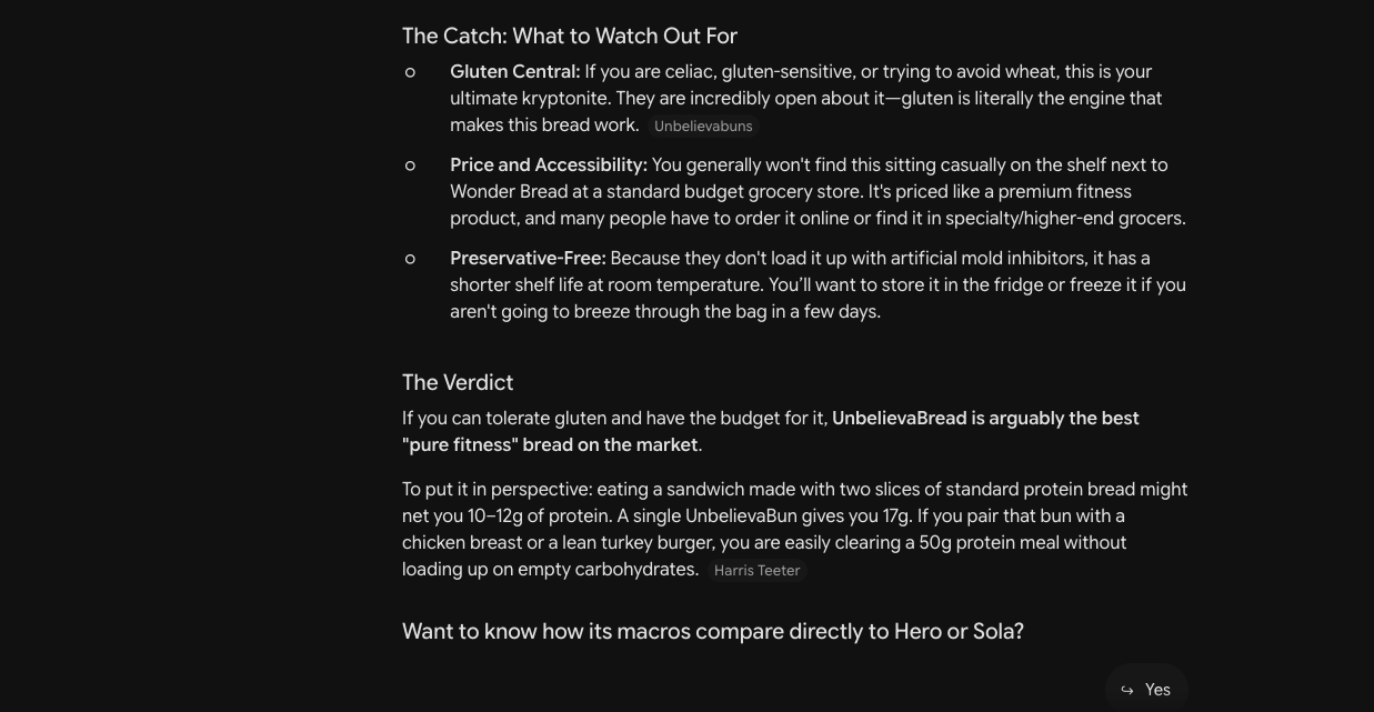Gemini verdict calling UnbelievaBread arguably the best pure fitness bread on the market