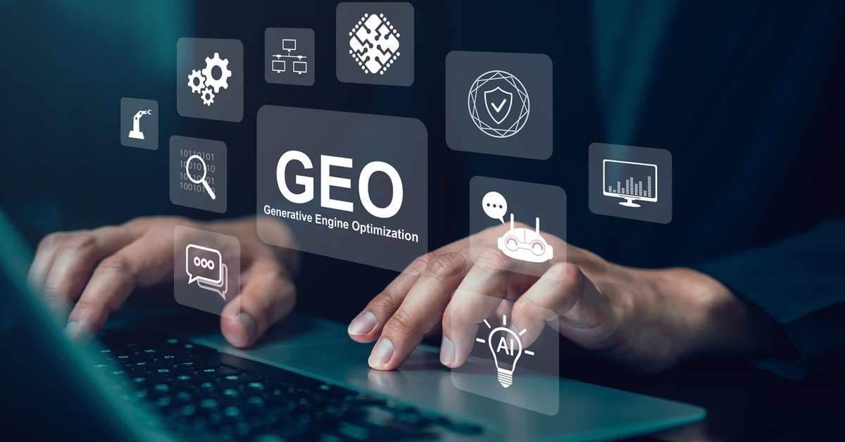 Generative Engine Optimization concept with AI, search and e-commerce icons over a laptop